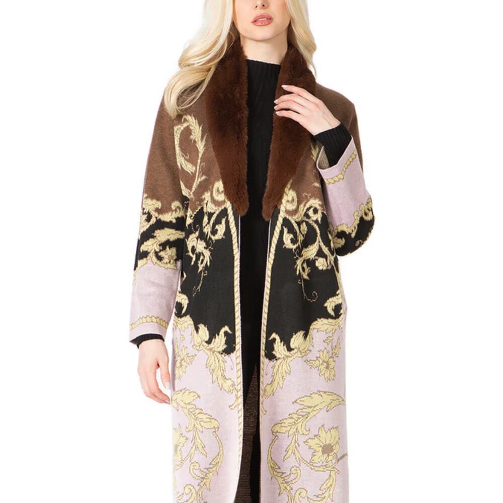 NWT VERTIGO Women's Ornate Sunflower Intersia Button Front Knit Duster Coat